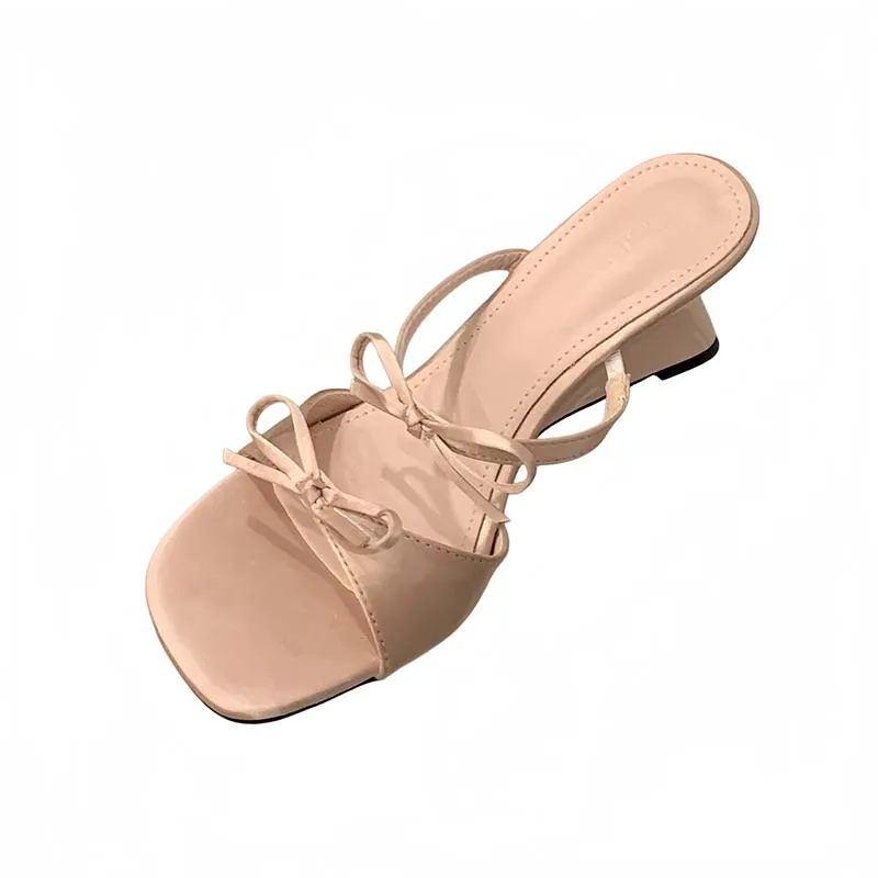 Ladies Slippers Black Wedges Heels For Woman Sandals 2026 Lace Butterfly Shoes Summer High Heels Pink Sandals Femme