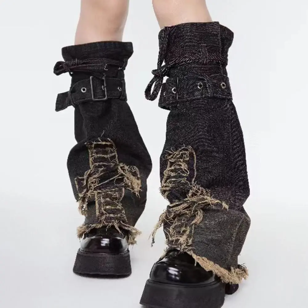 

Japanese Style Cross Y2K Denim Leggings Bell-bottoms Tassel Cowboy Leg Warmers Warm Foot Cover Band Belt Leg Warmers Autumn
