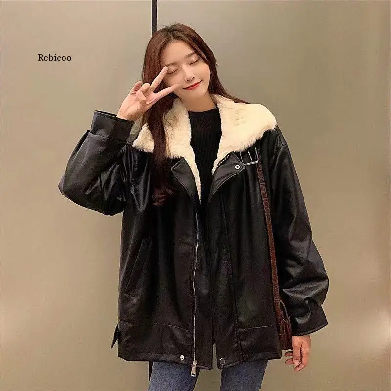 Winter Warm Artificial Leather Jacket Women's Casual Loose Motorcycle Jacket Women's Street Style Large Coat Korean Fashion Coat