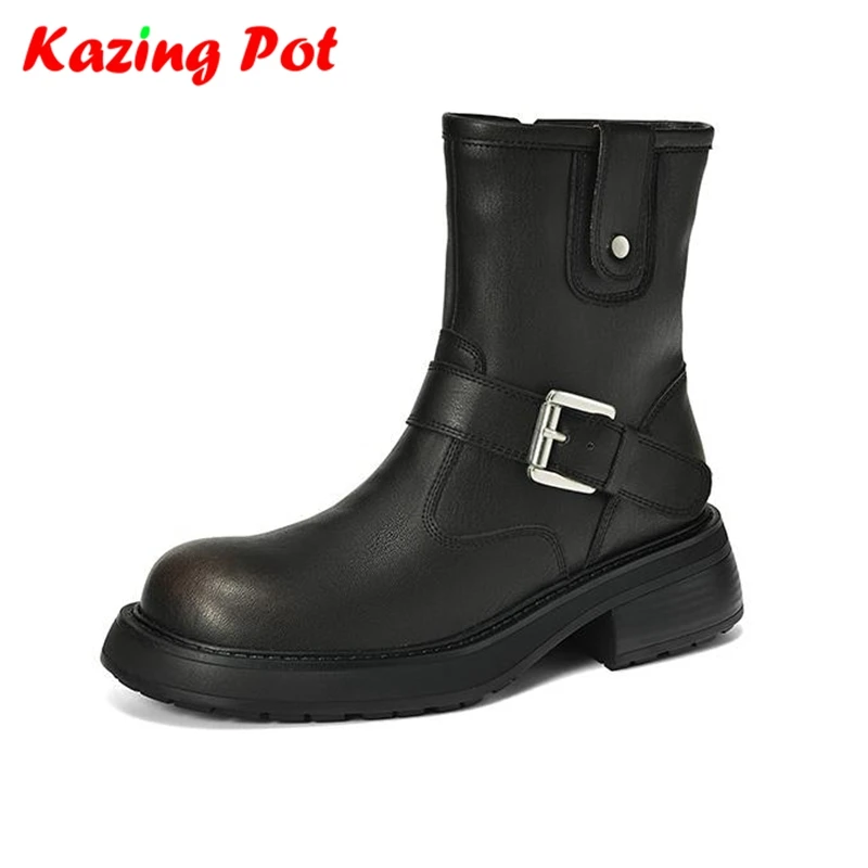 

Krazing Pot 2026 Cow Split Skin Thick Med Heels Modern Motorcycle Boots Winter Autumn Vintage Women Metal Buckle Ins Ankle Boots