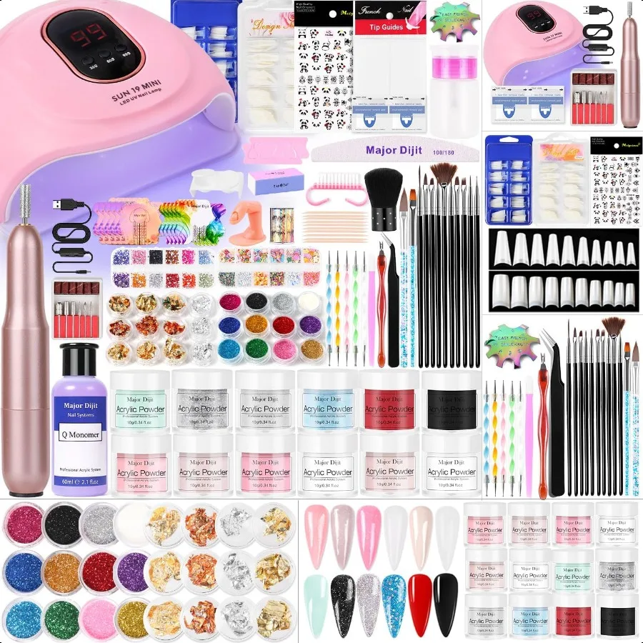 

Acrylic Nail Kit with Nail Lamp 0.35 oz White Clear Pink Black and More 12 Colors Acrylic Powder and Liquid Kit Electric Nail D