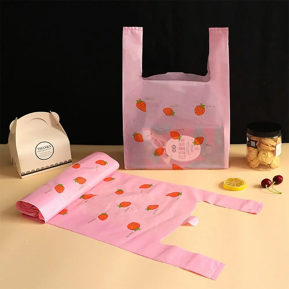 E9 50PCS Creative Pink Shopping Tote Bag Cartoon Strawberry 3 Sizes Gift Bag Foldable Organizer Packing Food Bag Home Organizers