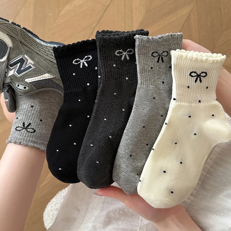 

5 Pairs Bow-Knot Ankle Socks for Women Mid-Calf Girl School Socks with Ruffles Autumn Japanese Style Cotton High Socks Hosiery