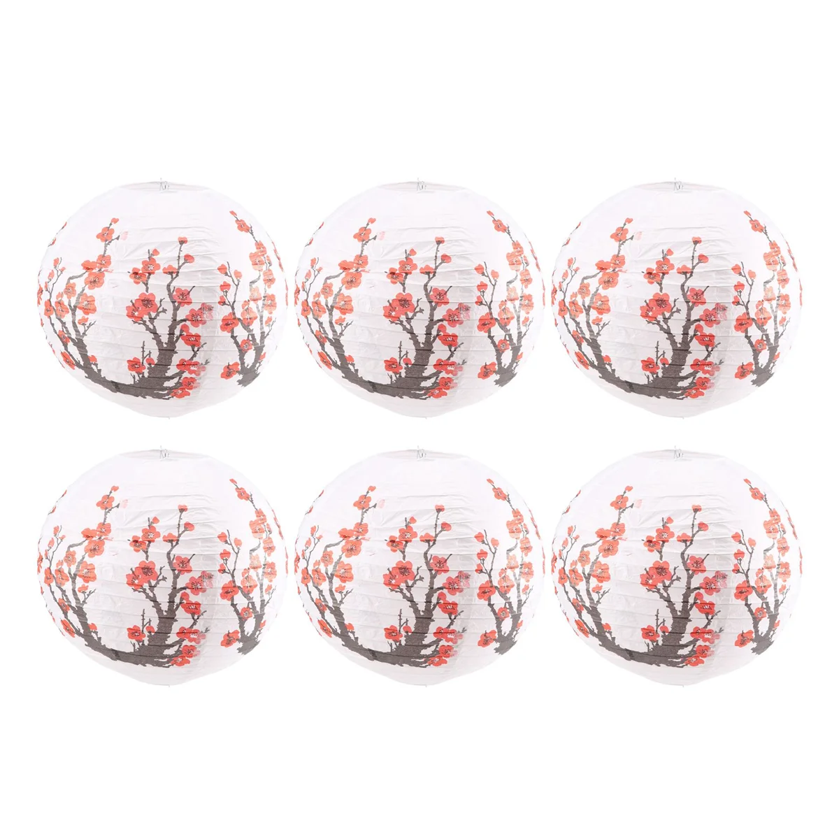 6 Pack 12Inch Red Cherry Flowers Paper Lantern White Round Chinese Japanese Paper Lamp for Home Wedding Party Decoration