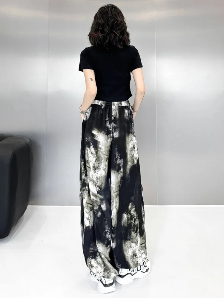 [EAM] High Elastic Waist Black Tie Dye Long Drawstring Wide Leg Pants New Trousers Women Fashion Tide Spring Autumn 2024 1DH6625