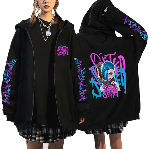 Imagen 2 del producto Arcane Jinx Monkey Graffiti impreso sudaderas con capucha chaqueta con cremallera hombres mujeres Harajuku Anime de gran tamaño Hip Hop Casual sudadera Y2K Top