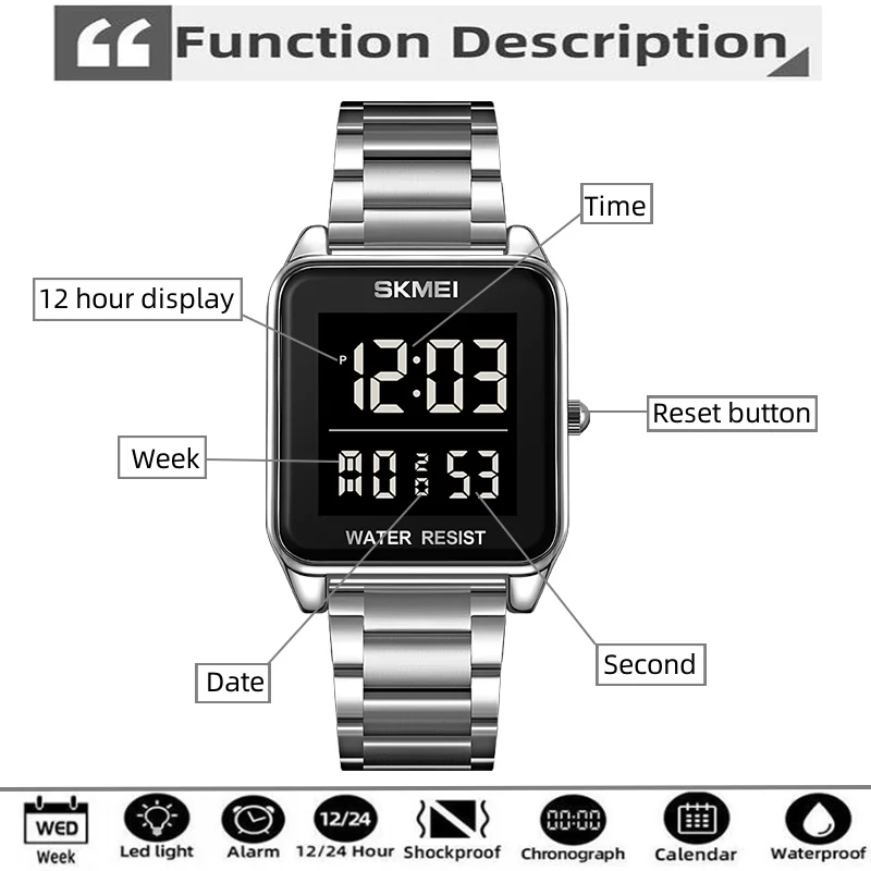 Skmei Mens Digital Waterproof Watches Luxury Stainless Steel Strap LED Light Electronic Chronograph Male Sports Alarm Clock