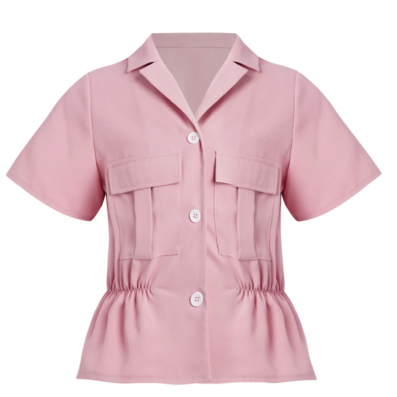 

Kids Girls Short Sleeve Top Lapel Collar Summer School Blouse Shirt Elastic Waist Button Shirt Student Child Formal Blouse Top