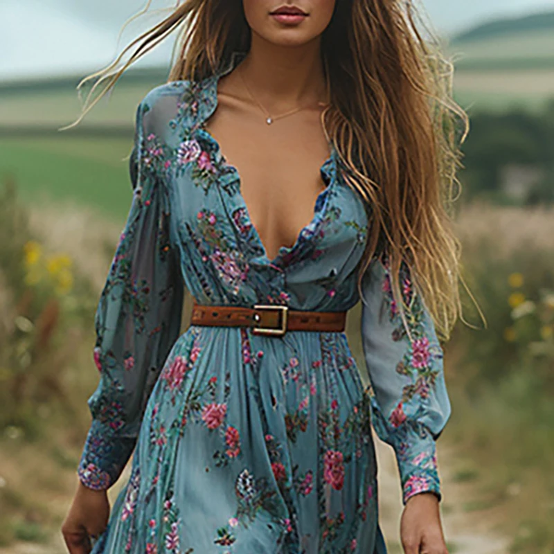 Ethnic Fashion Floral Print Vintage Dress for Women Sexy V Neck Elastic Waist Long Dress Spring Fall Long Sleeve Boho Maxi Dress