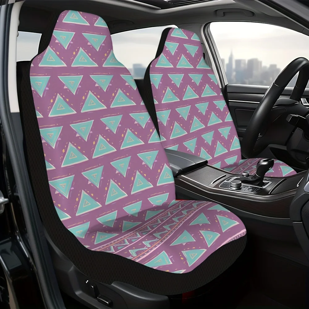 2pcs, Vintage Abstract Geometric Triangle Ethnic Design Car Seat Cover Set For Most Cars, Fashion Novelty Car Seat Covers Covers