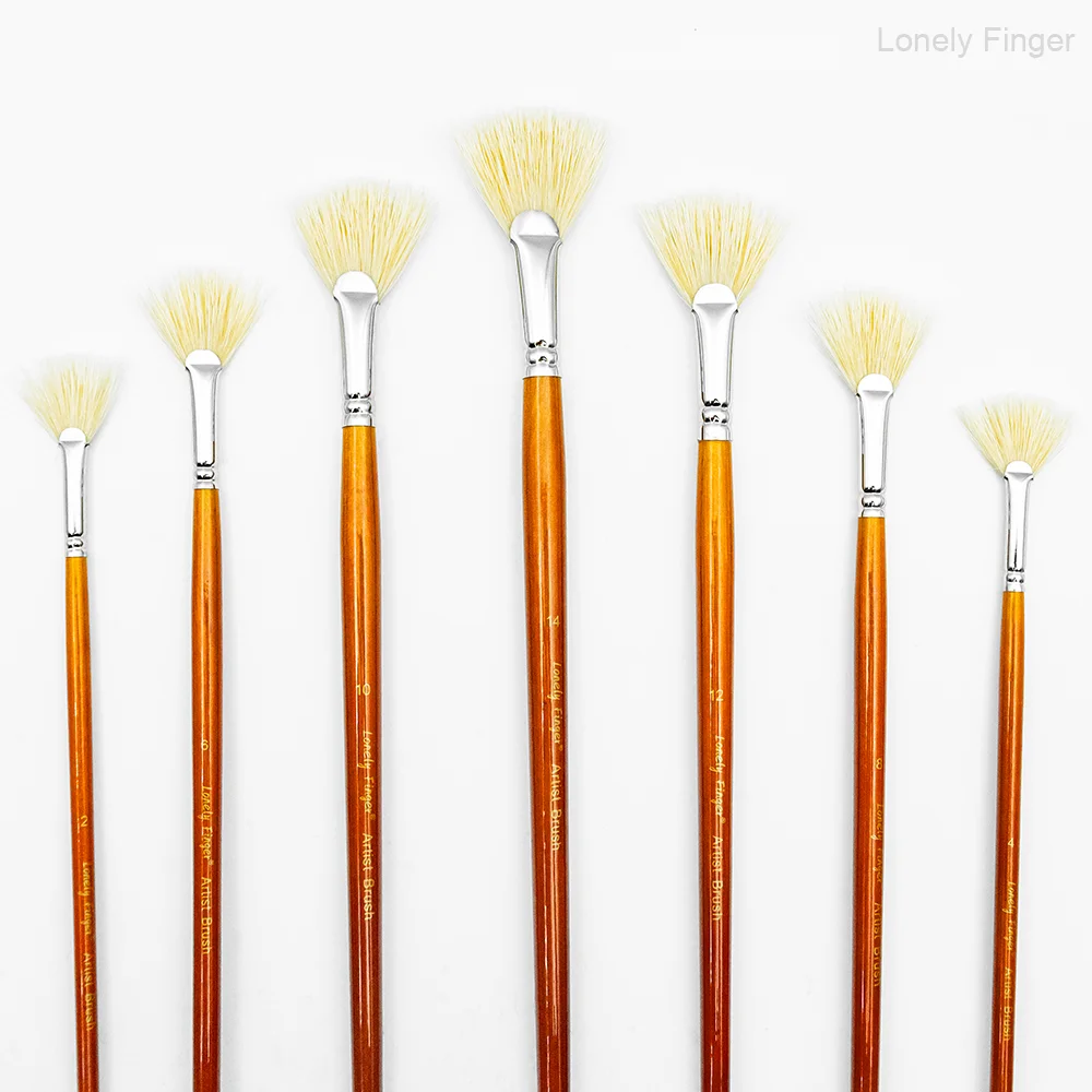 7pcs Artist Fan Paint Brush, Hog Bristle Natural Hair Anti-Shedding Brush Tips, Long Wooden Handle for Comfortable Holding