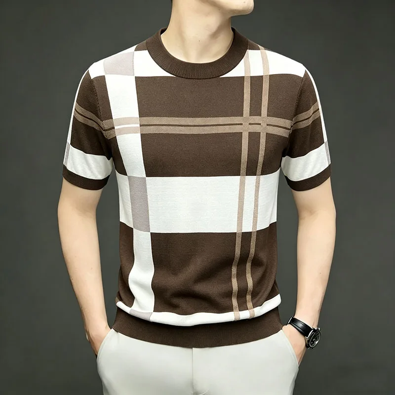 Viscose Blend High-Elastic Knitwear T Shirt For Men Short Sleeve Summer Quality Smooth Comfortable Exquisite Camisetas De Hombre