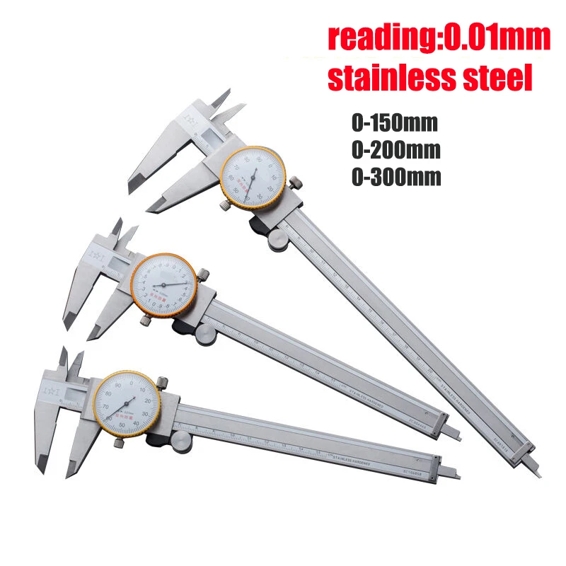 

Dial Calipers 0-150 0-200 300 mm 0.01mm High Precision Industry Stainless Steel Vernier Caliper Shockproof Metric Measuring Tool