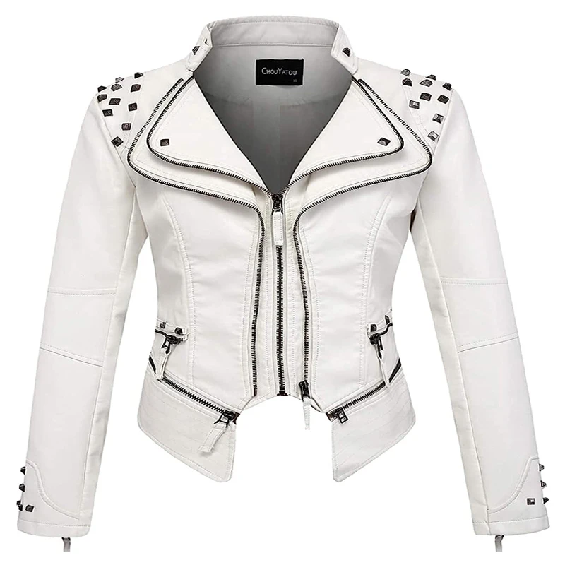 Spring New Style Suit Collar Rivet Waist Short Washed Pu Leather Jacket