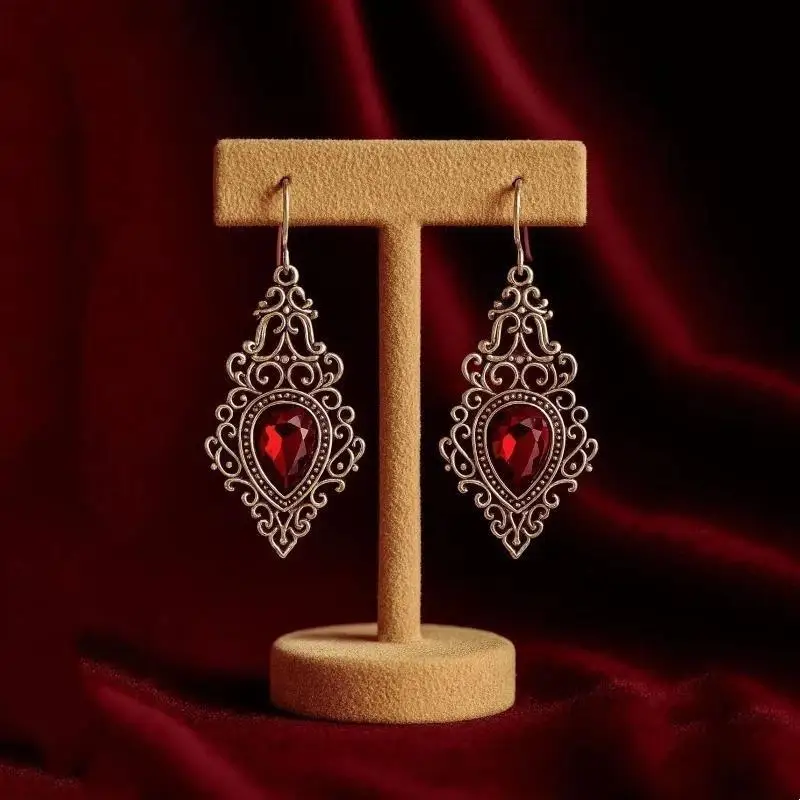 Gothic Victoria Sliver Color Filigree Scroll Imitation Gemstone Pendant Dangle Earrings For Women Wedding Jewelry