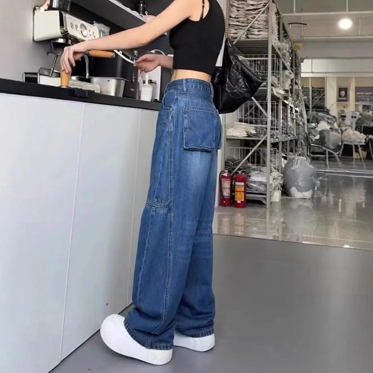 

American Style High Waist Wide Leg Jeans Women's Spring Autumn Loose Fit Casual Straight Cut Slimming Jeans Casual Cotton