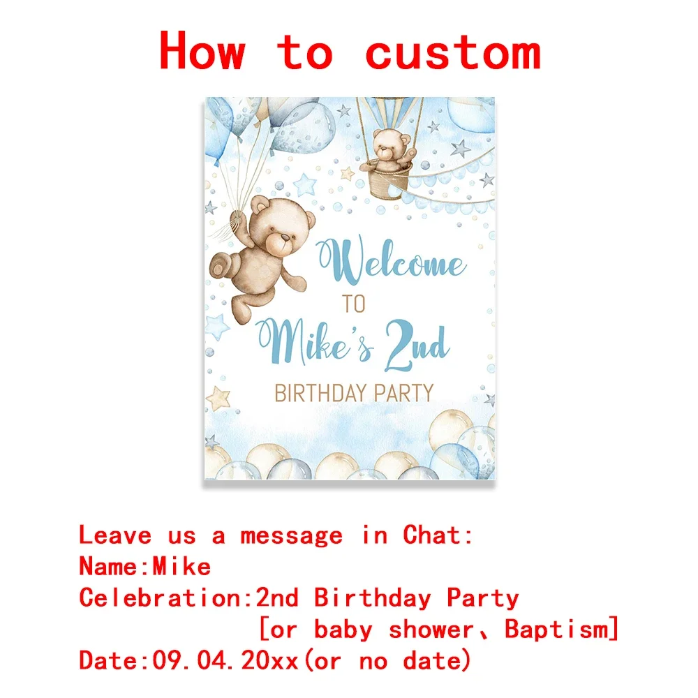 Custom Birthday Welcome Sign Poster Teddy Bear Balloon Personalized Art Print Canvas Painting Wall Picture Baby Boy Party Decor