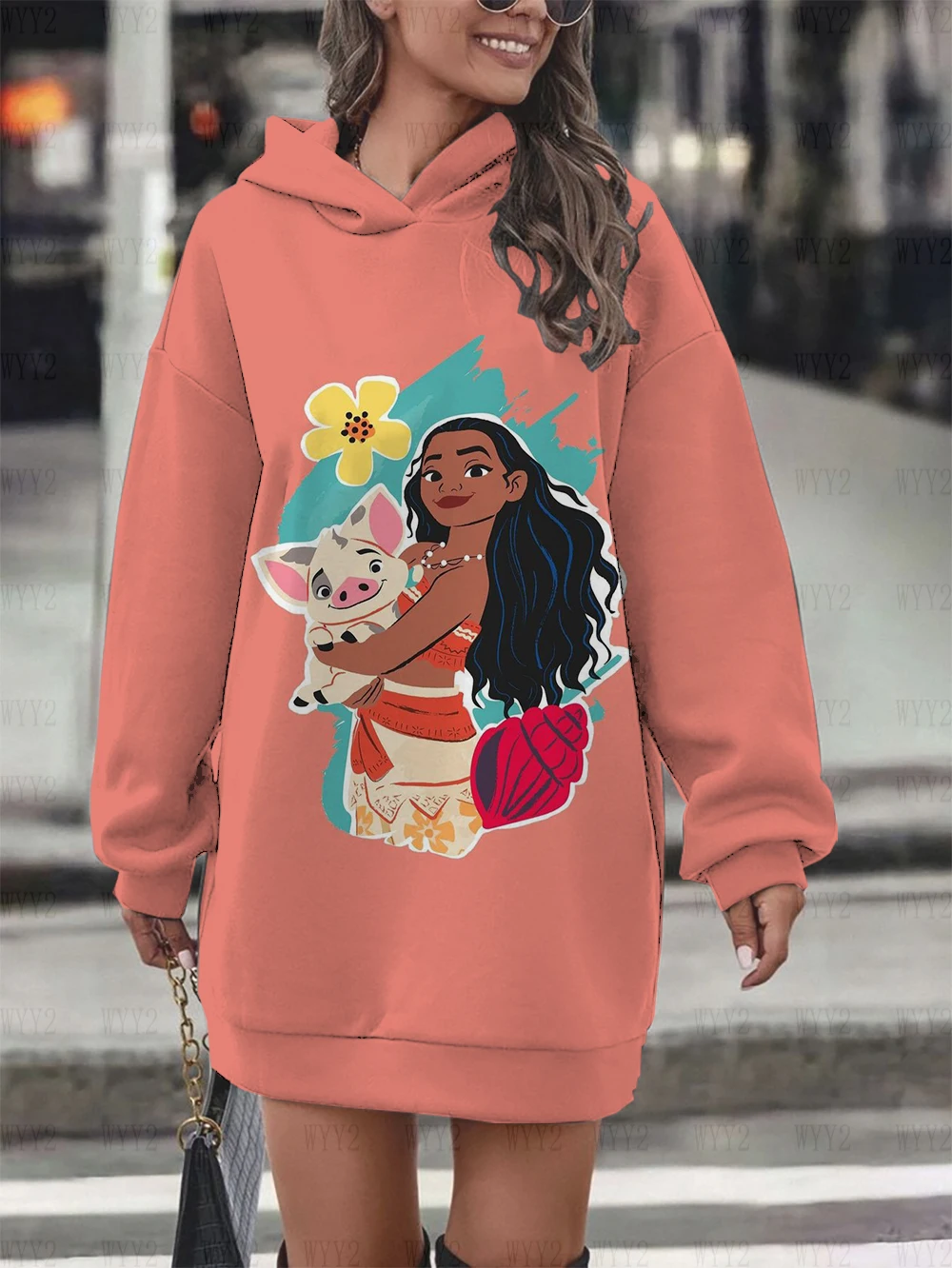 2025 Disney Princess Moana damesjurk met capuchon, herfst/winterprint, sweatshirt met lange mouwen, trui, straatmode.