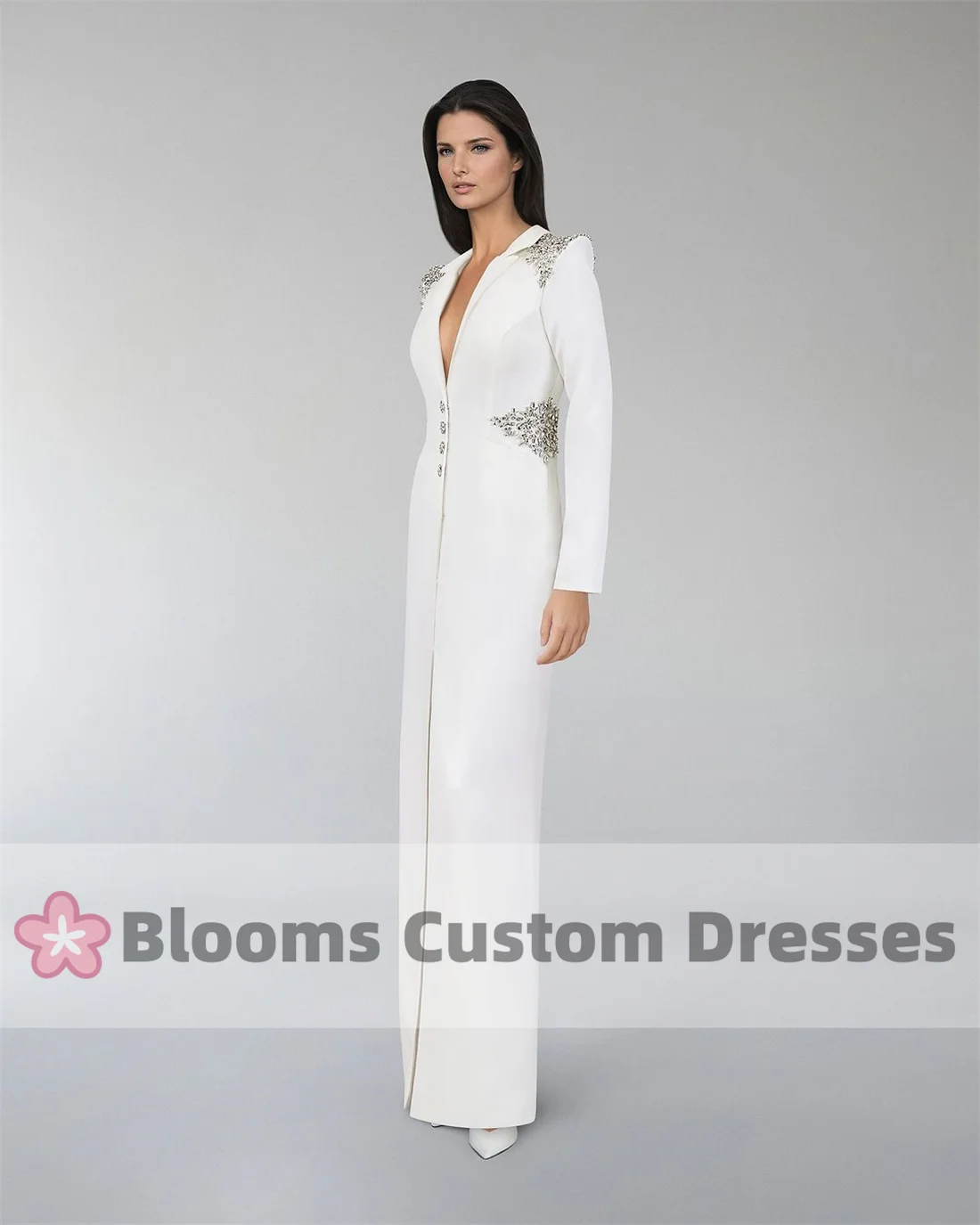 Blooms Customized Deep V-Neck Buttons Shiny Sequin Crystal Evening Dresses Crepe Long Sleeves Prom Dress Wedding Party Gown