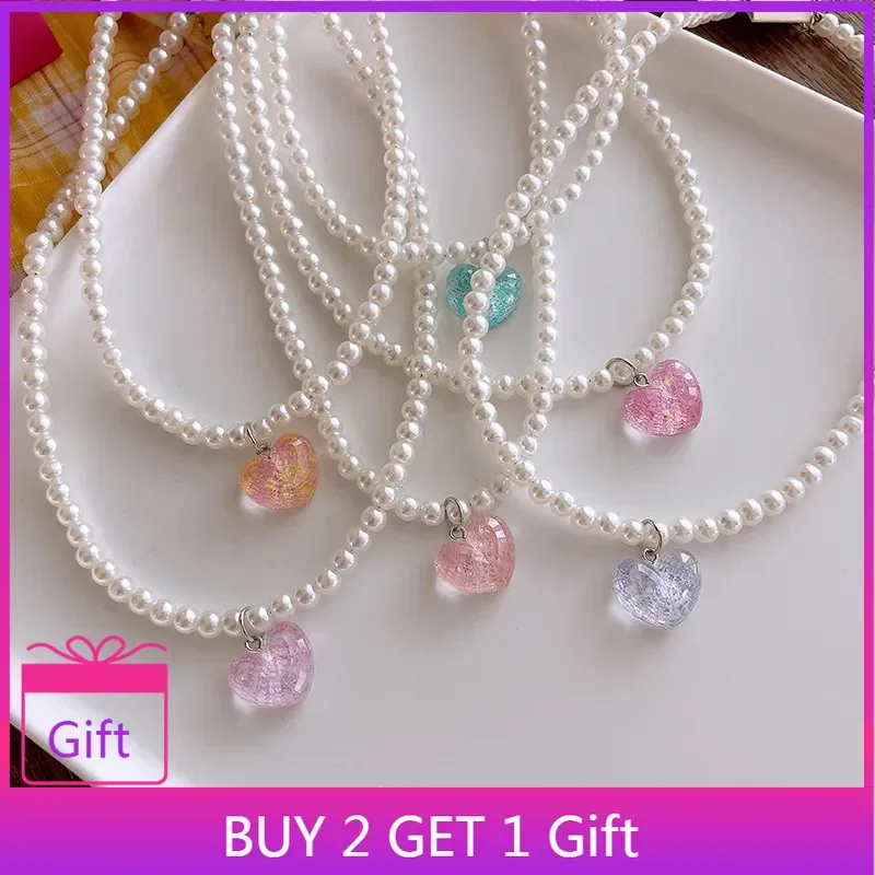 New Arrival Cool White Artificial Pearl Simple Little Girl Necklace Dreamy Love Heart Collarbone Chain Kids Festival Jewelry