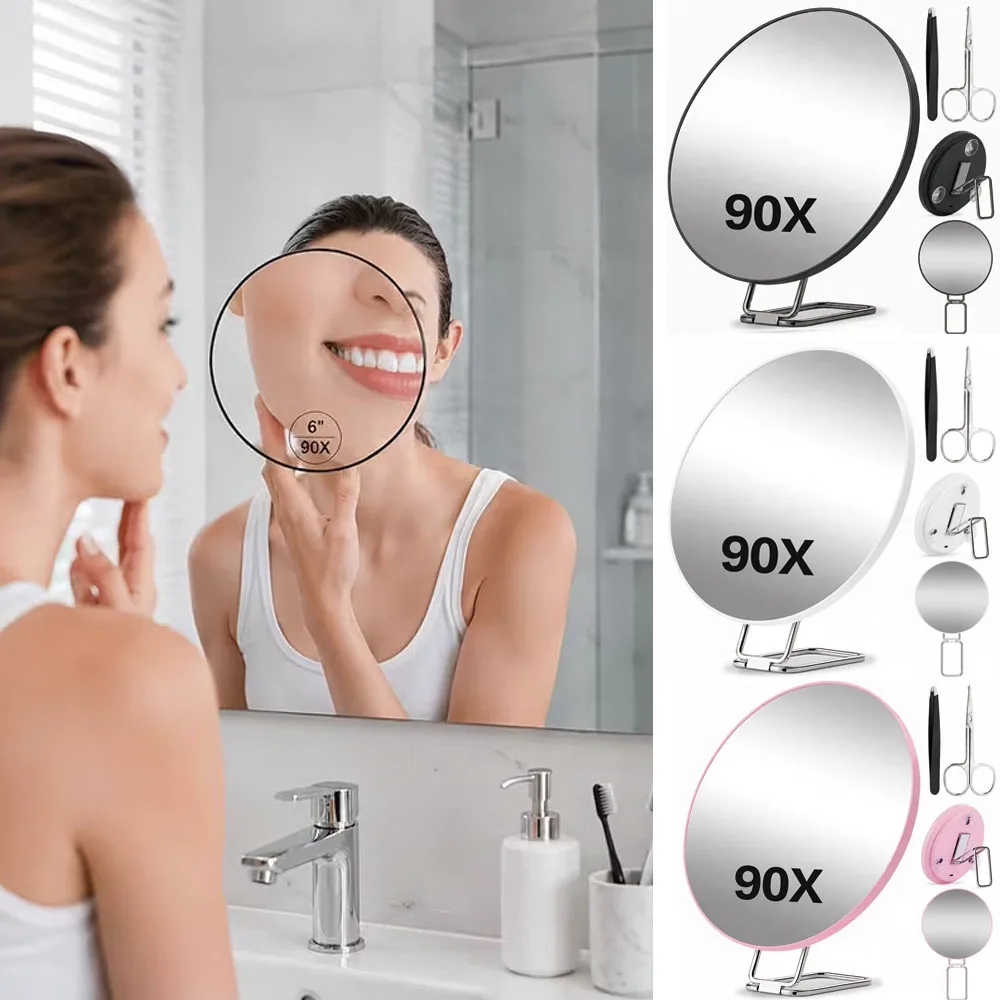 Portable Folding 90X Magnification Makeup Mirror with Stand 15.24cm Precision Handheld Vanity Mirror with 3 Suction Cups