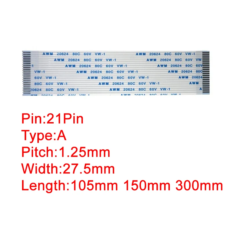 21Pin 1.25ミリメートルピッチffc fpc awm 20624 80C 60v VW-1タイプabフラットフレキシブルケーブル105ミリメートル150ミリメートル300ミリメートル