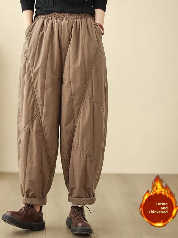 Women's Winter Cotton-Padded Harlan Pants High Waist Loose Fit Warmth Enhanced Trousers for Ladies Casual Wear