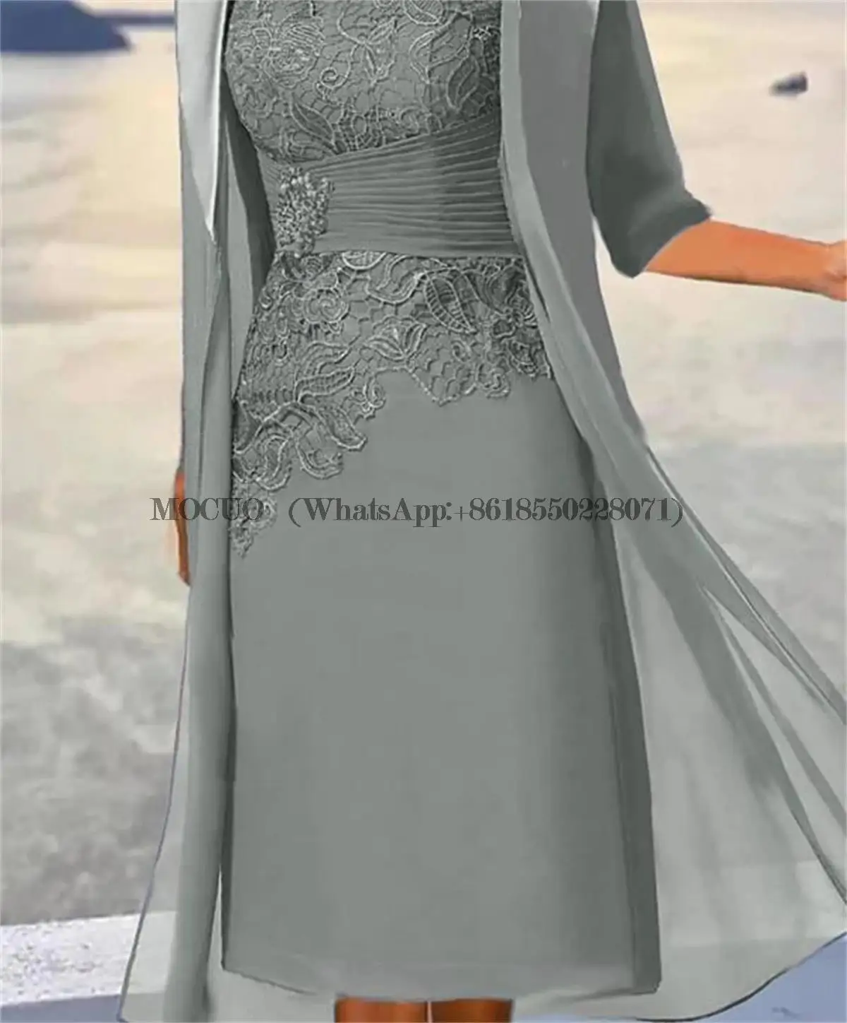 Mother of the Bride Dresses For Weddings Midi Dusty Blue Knee-Length Floral Lace Appliques Layered Ruched فستان