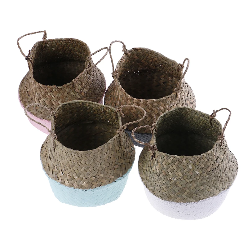 Foldable Laundry Straw Patchwork Wicker Rattan Seagrass Belly Garden Flower Pot Planter Bamboo Basket Handmade Storage Baskets