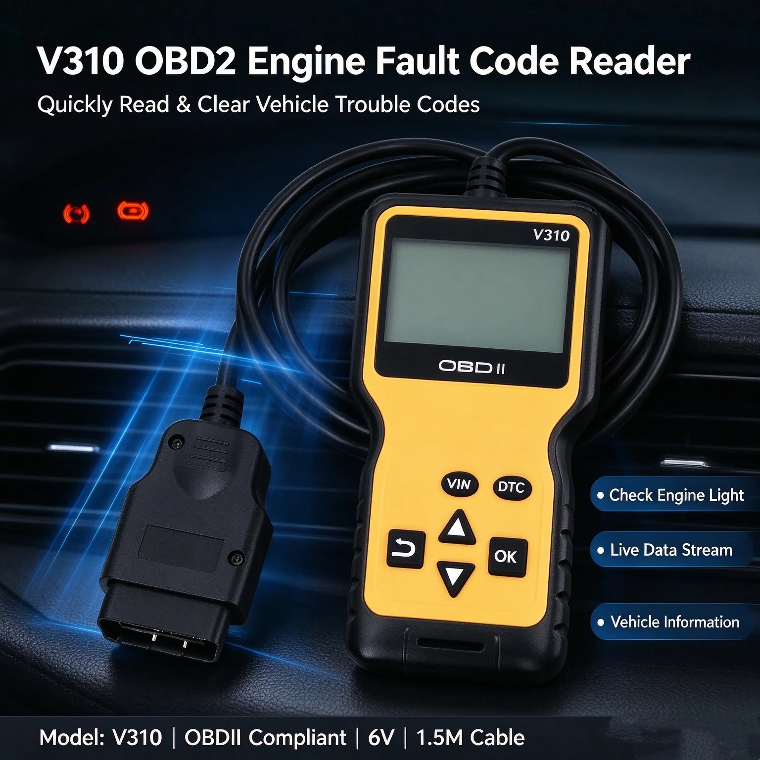 V310 OBD2 Scanner OBDII EOBD Car Diagnostic Tool Fault Code Reader Erase Codes I/M Readiness VIN Live Data Scan Tool