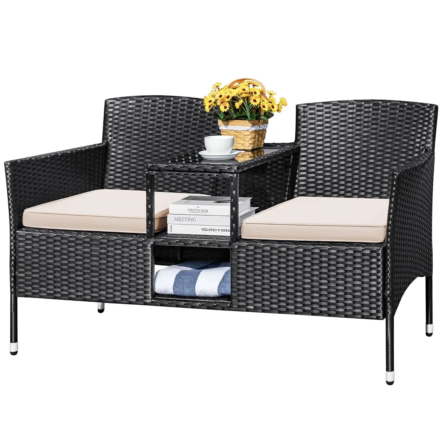 

Outdoor Patio Loveseat Modern Rattan 2-Seat Patio Conversation Set with Cushions & Built-in Coffee Table Porch, Customized