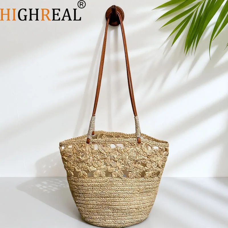 

Богемные соломенные сумки из рафии для женщин, пляжная сумка-тоут с цветочным узором, женская сумка ручной работы, ажурная плетеная сумка через плечо, дорожная сумка-шоппер