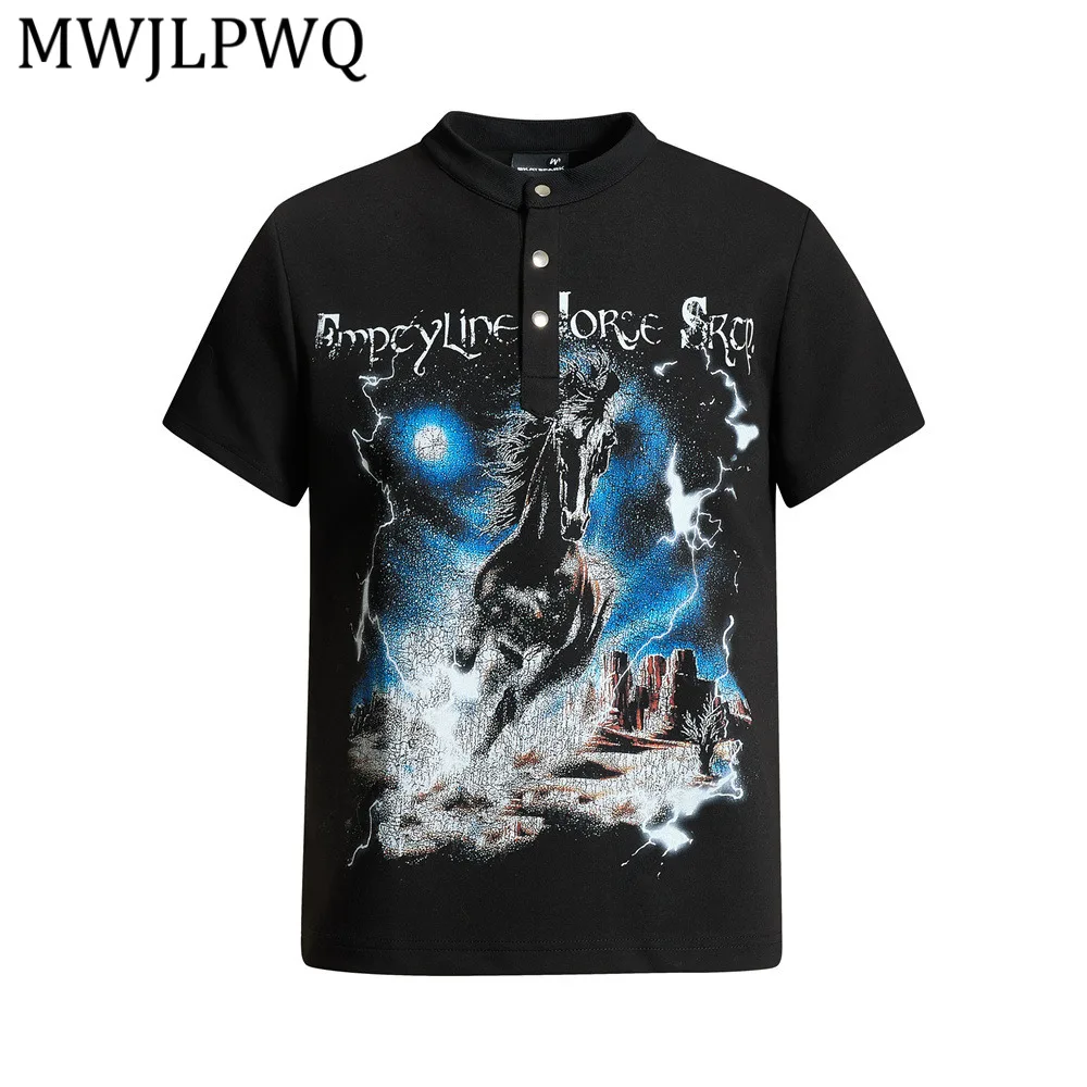 

MWJLPWQ American-Style Print Loose Short-Sleeve T-Shirt For Men Summer Pullover Half-Open Collar Casual Tops Ins Trendy 16320