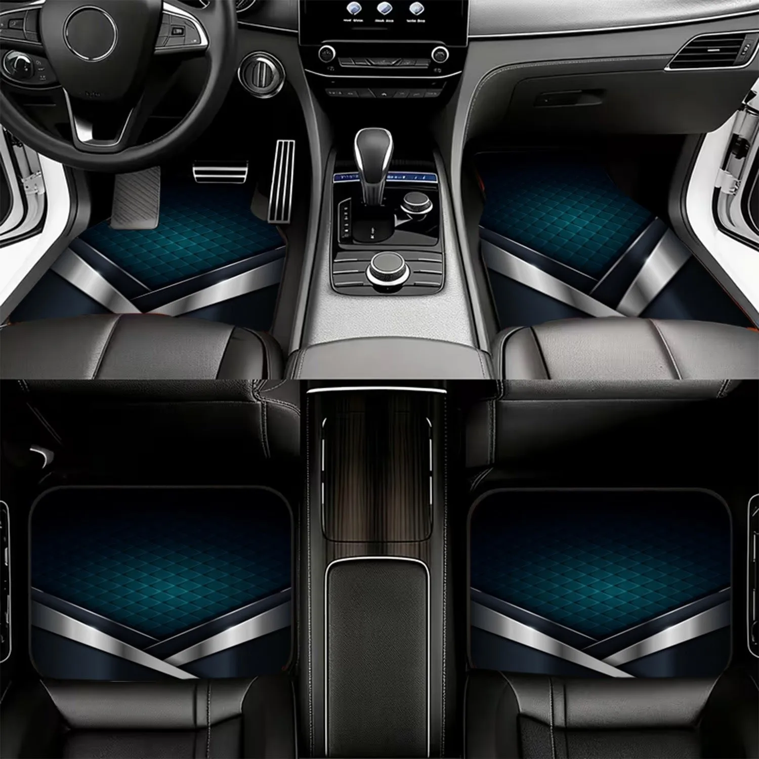 Set Of 4 Automotive Floor Mats Made From Polyester, Featuring A Modern Grid Pattern That Elevates The Elegance Of Your Vehicle'S