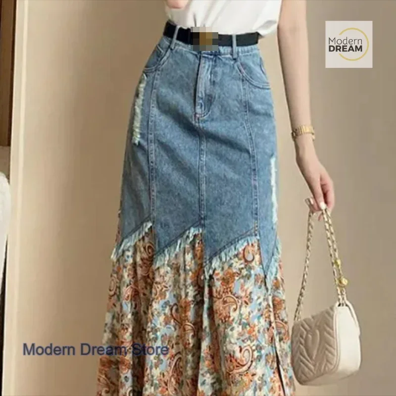 

Французская высококачественная джинсовая юбка неправильной формы с цветочным принтом, женская летняя новая модная темпераментная милая девичья повседневная готическая юбка Джокер
