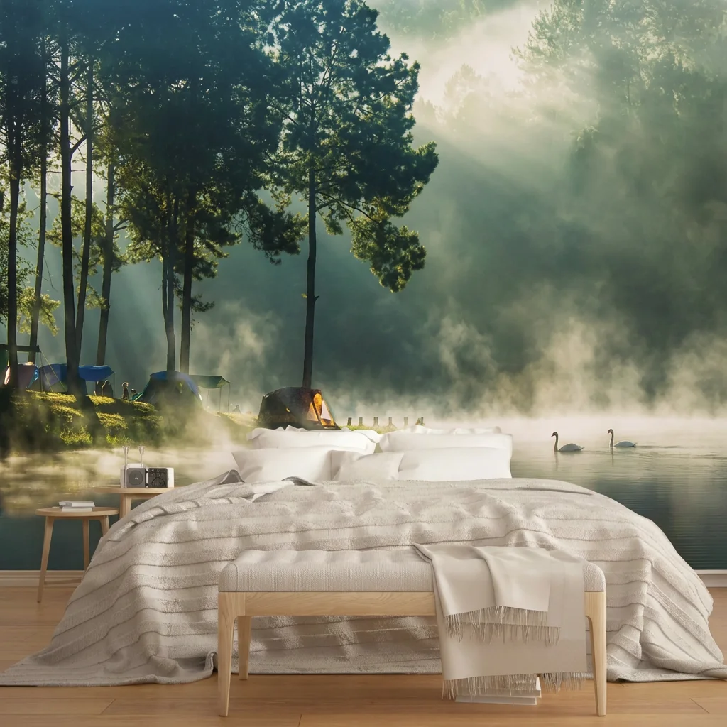 Misty forest, serene lake, background wall for living room sofa and bedroom headboard, self-adhesive material.