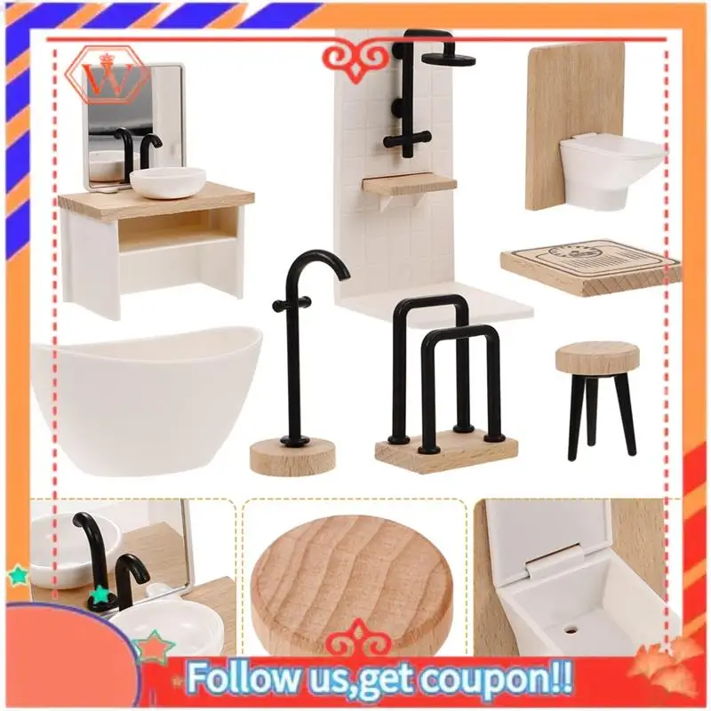 

Durable 8Pcs Bathroom Toilet Bathtub Basin Wooden Bathroom Cabinet With Sink Miniature Furniture For Doll Durable