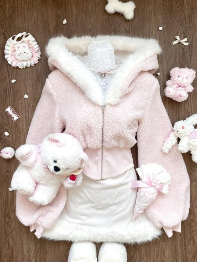 Winter Japanese Fashion Sweet Two Piece Sets Women Lamb Wool Hooded Coat + Cute Mini Dress New Design Chic Harajuku Kawaii Suits