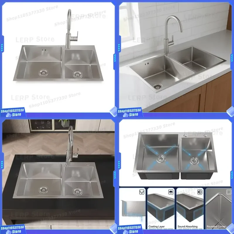 Handmade Stainless Steel Kitchen Sink Double Bowl 32x19x10 Inch Satin Finish Rectangular Basin Easy Clean Modern Home Fixture