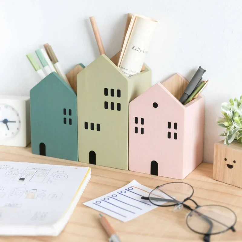 Cartoon House Wooden Pen Holder Pencil container Makeup Brush Stationery storage box Student/ Office Desktop Storage Organiser