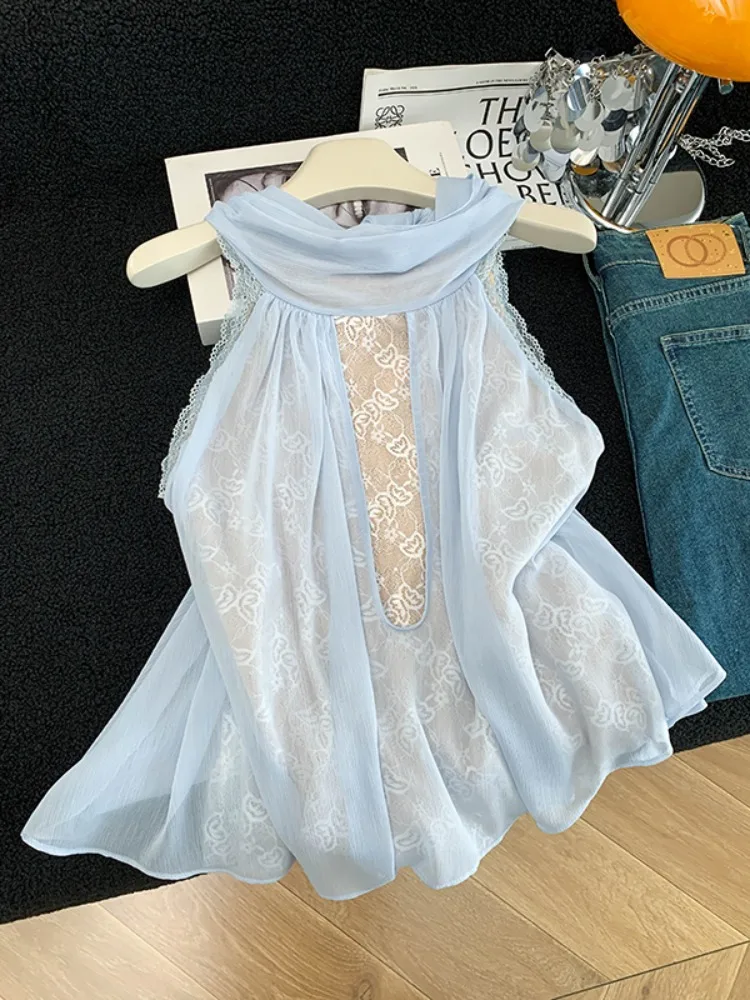 

Summer Design Sense Green Lace Embroidery Sleeveless Shirt Women's Loose Fit French Style Casual Top Hang Neck Strap Small Shirt