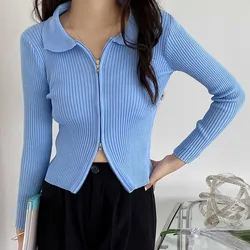 Lucyever Zip-up Knitted Cardigan for Women Sexy Slim Elasticity Ribbed Crop Tops Female Autumn Winter Turndown Collar Knitwear