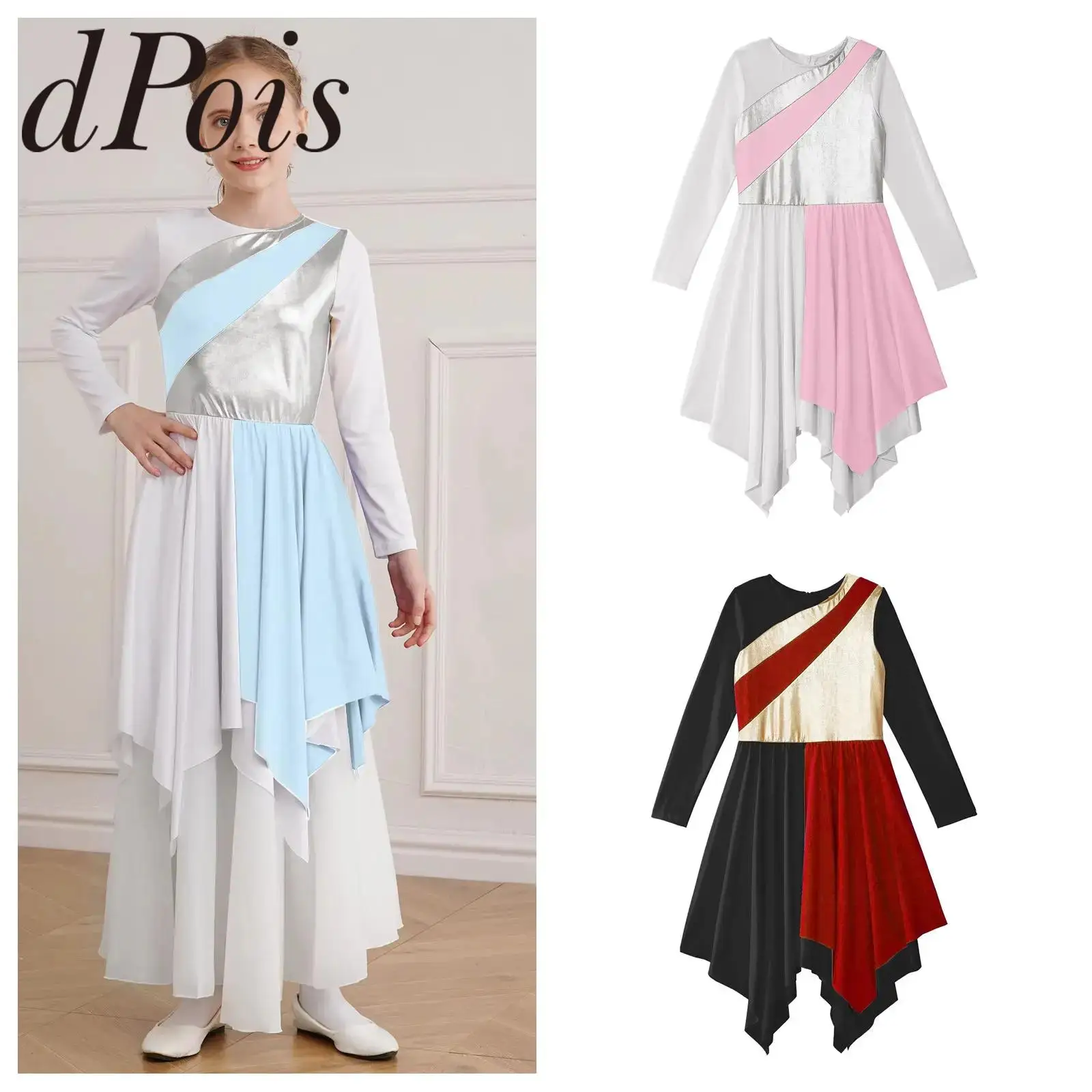 Kids Girls Church Liturgical Praise Dance Dress Metallic Ballroom Dancing Worship Lyrical Costumes Stage Performance Clothes