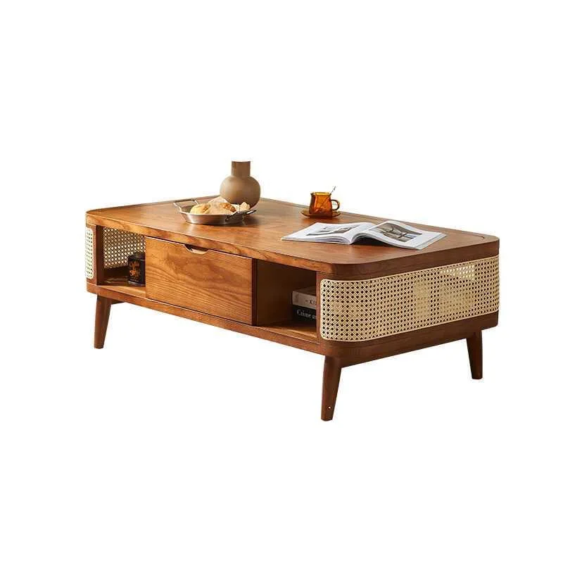Medieval rattan drawer coffee table, small living room, practical and simple, ash wood