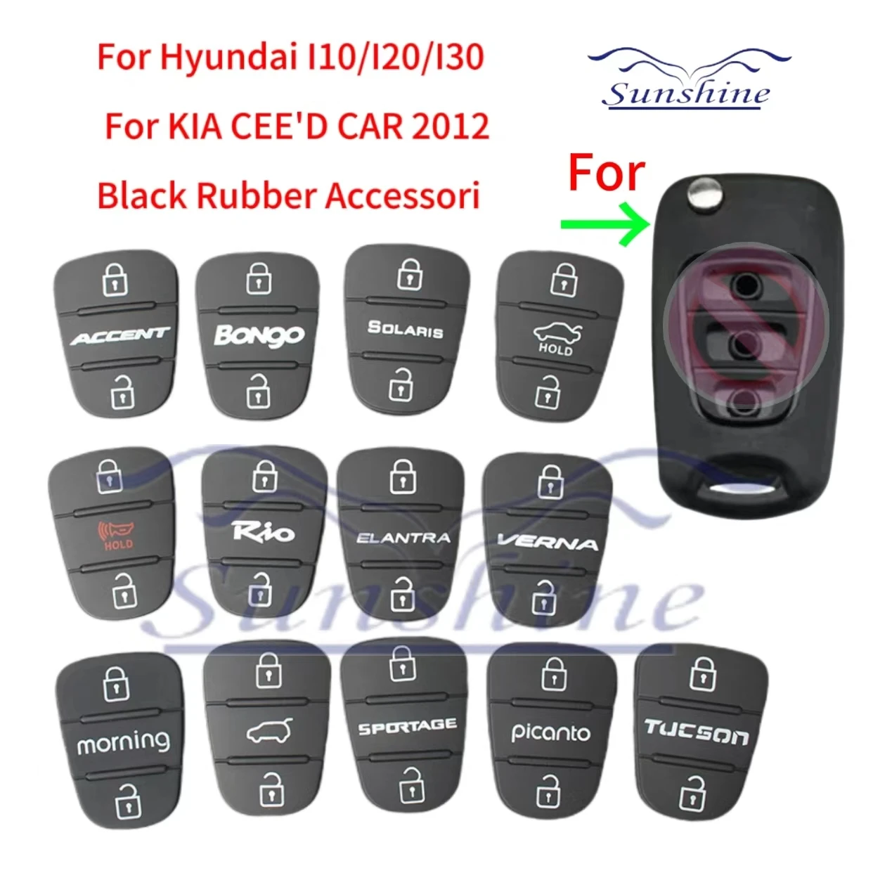 Sunshine 2pcs Rubber Button Pads 3 Buttons For Hyundai Picanto Solaris RIO Sportage Kia Verna Flip Folding Car Key Shell Case