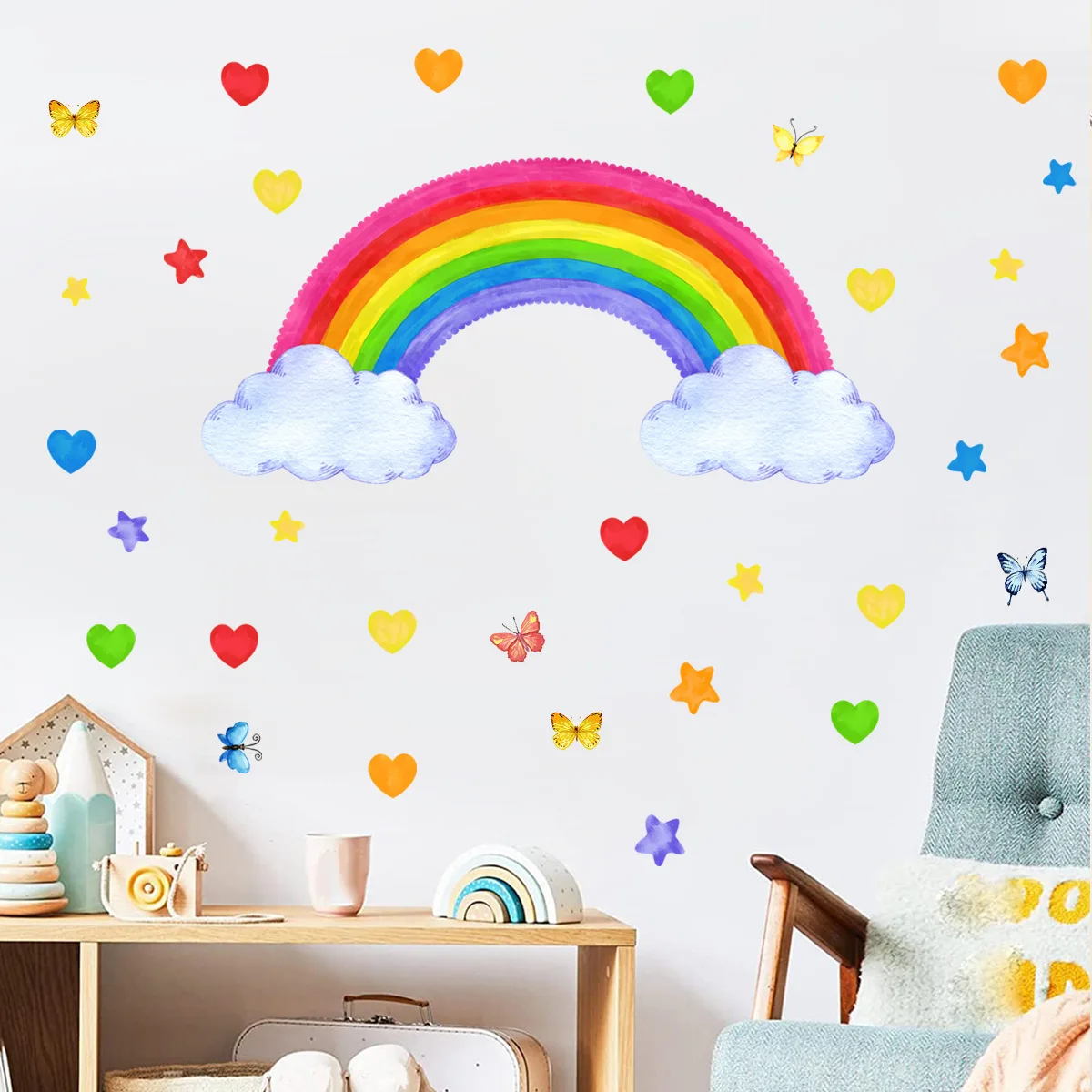 30*60cm Rainbow Clouds Star Cartoon Wall Stickers Creative Background Wall Children's Room Room Decoration Mural Wall Stickers