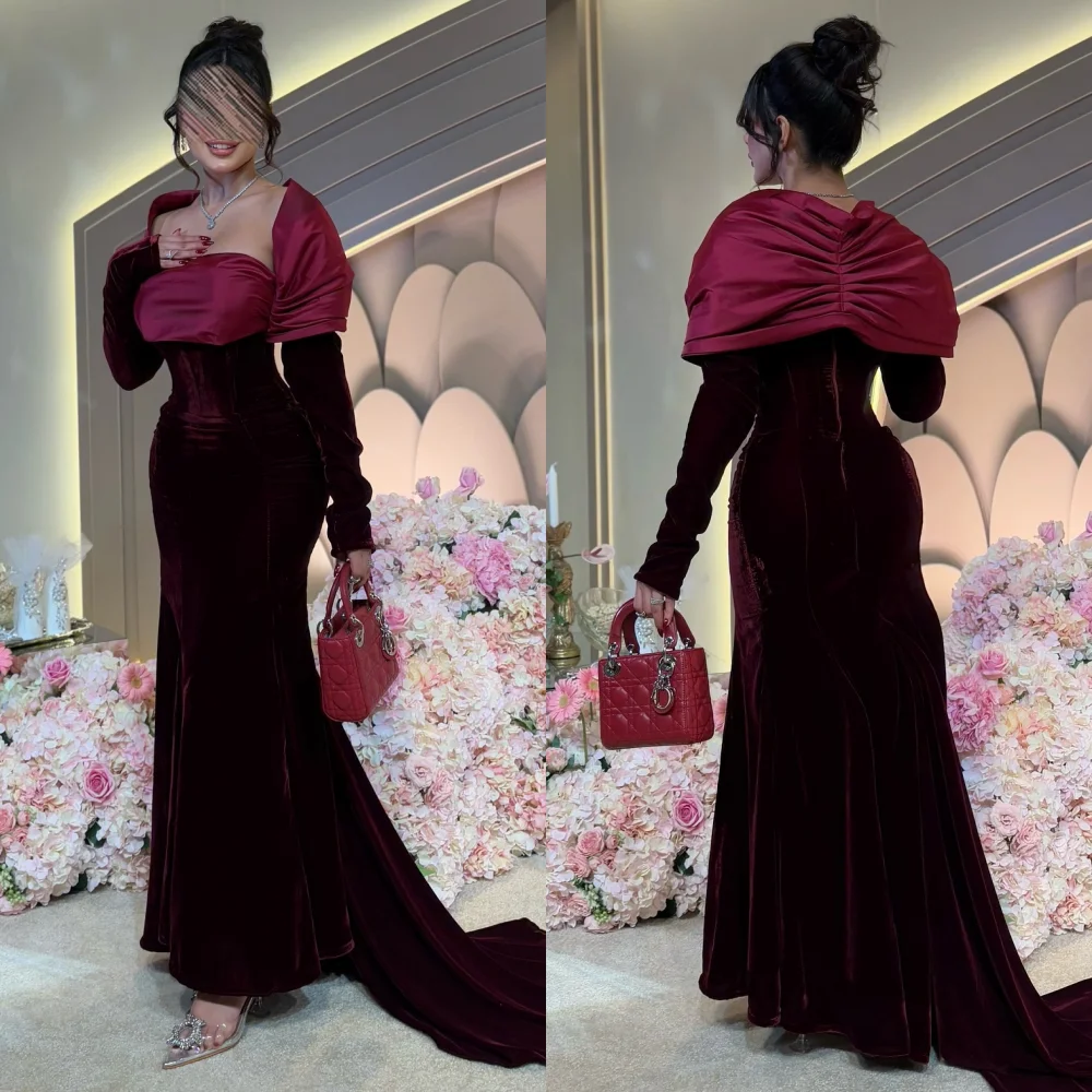 Customized Simple Velour Pleat Mermaid Square Neck Long Dresses Bespoke Occasion Dresses High Quality