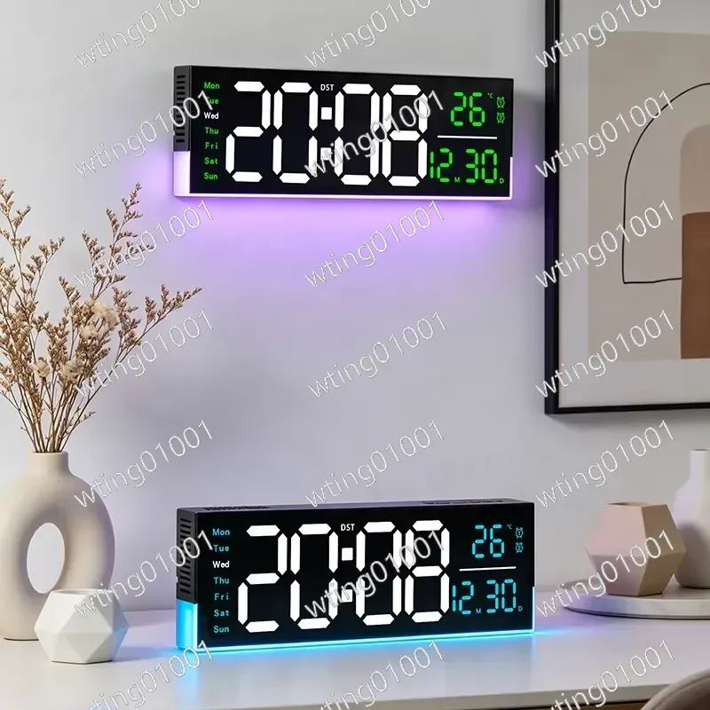 Colorful Atmosphere Digital Wall Clock with Temperature Date Week Display Wall Mount Electronic Alarm Clock for Living Room