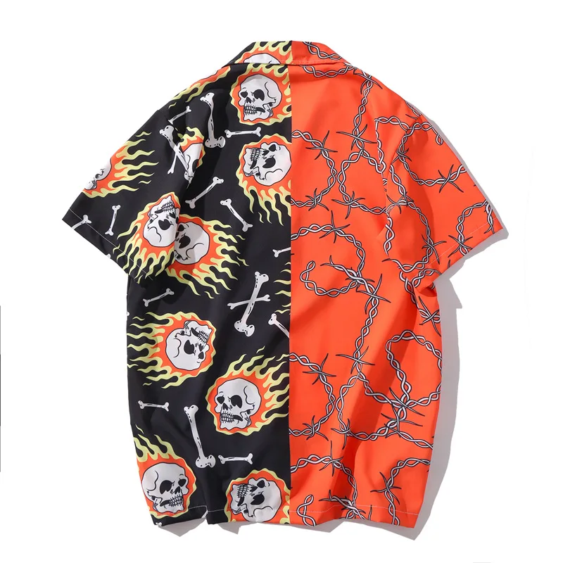 Summer New Men Short Sleeve Print Shirt Orange Black Patchwork Vintage Hawaiian Shirt Mens Casual Beach Shirts Man Oversize Tops