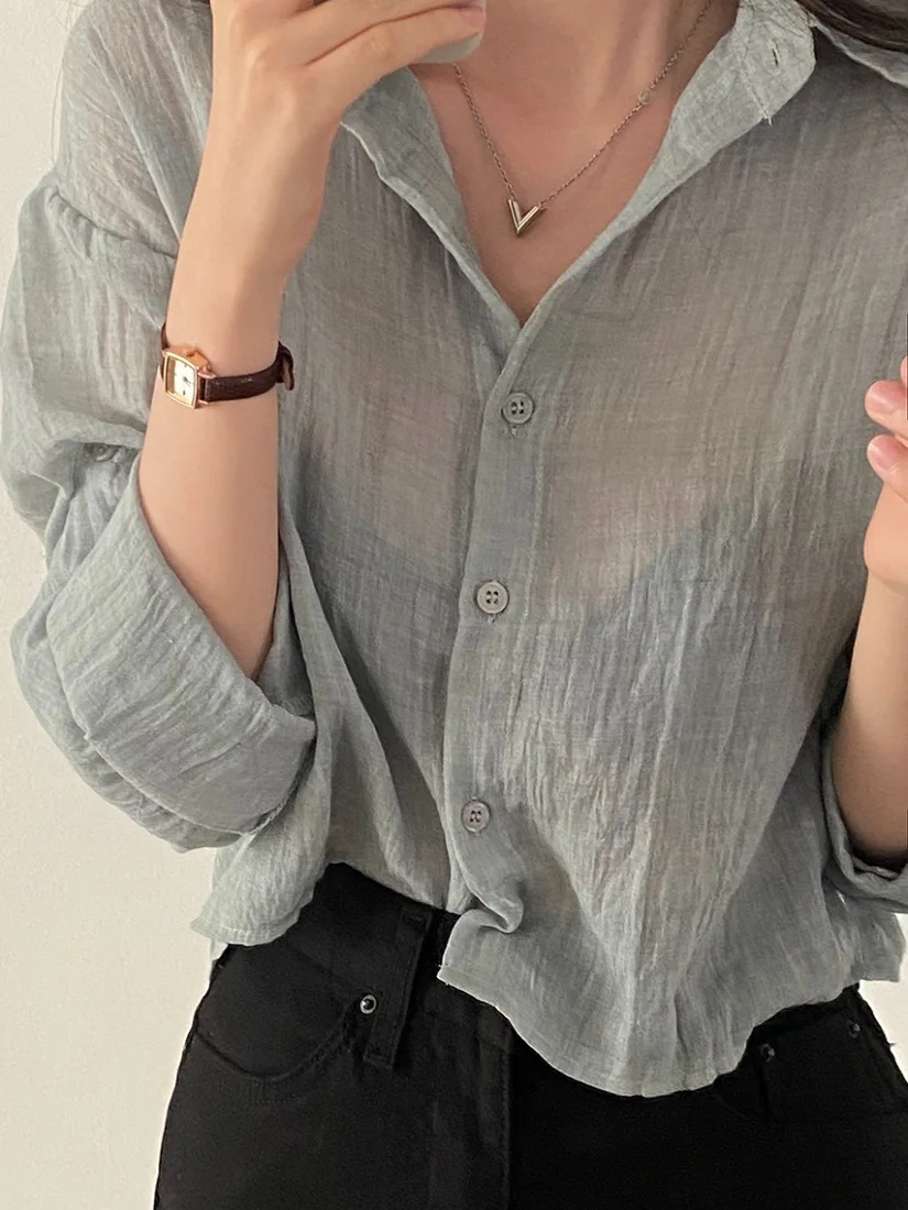 Summer Chic Sun Protection Thin Long Sleeve Shirt Women's Collared Fold Design Casual Straight Cut Pure Color Button up Top